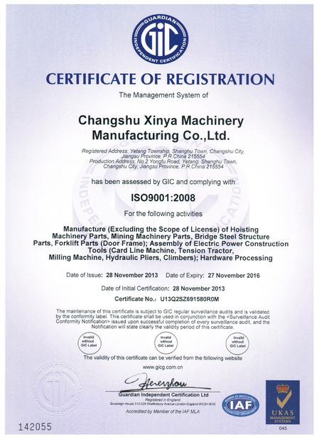 Κίνα Changshu Xinya Machinery Manufacturing Co., Ltd. Πιστοποιήσεις